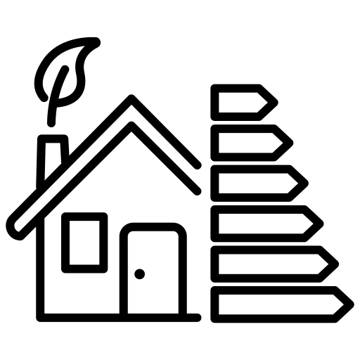 Energieberatung für Wohn- und Nichtwohngebäude Haus mit einem Blattsymbol und Richtungspfeilen zur Energieeffizienz.